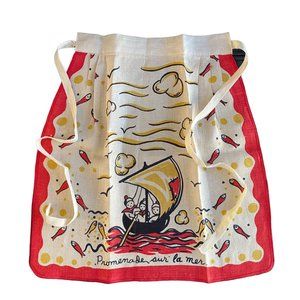 Vintage French "Promenade sur la mer" Souvenir Linen Half Apron